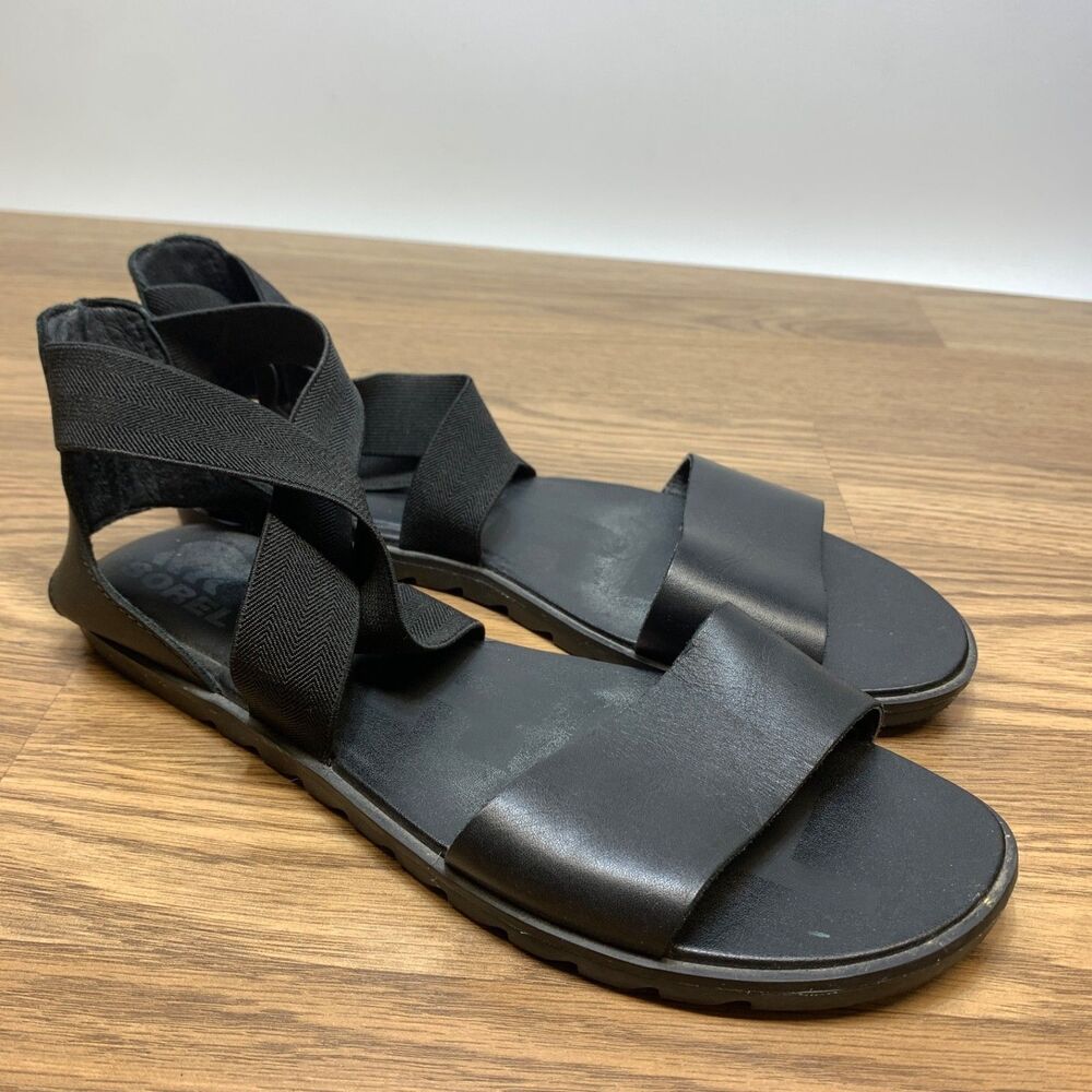 SOREL Women's Ella II Sandal Size 9 Black Leather Strappy Slip On Casual